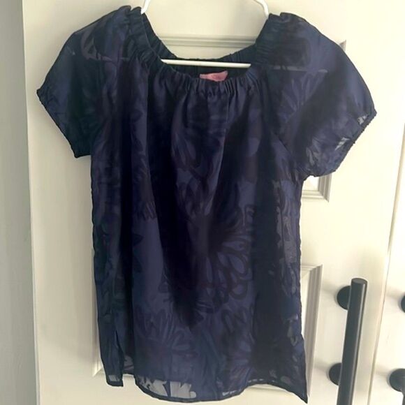 Lily Pulitzer navy blue sheer floralpattern cap sleeve blouse size XS - Picture 2 of 7